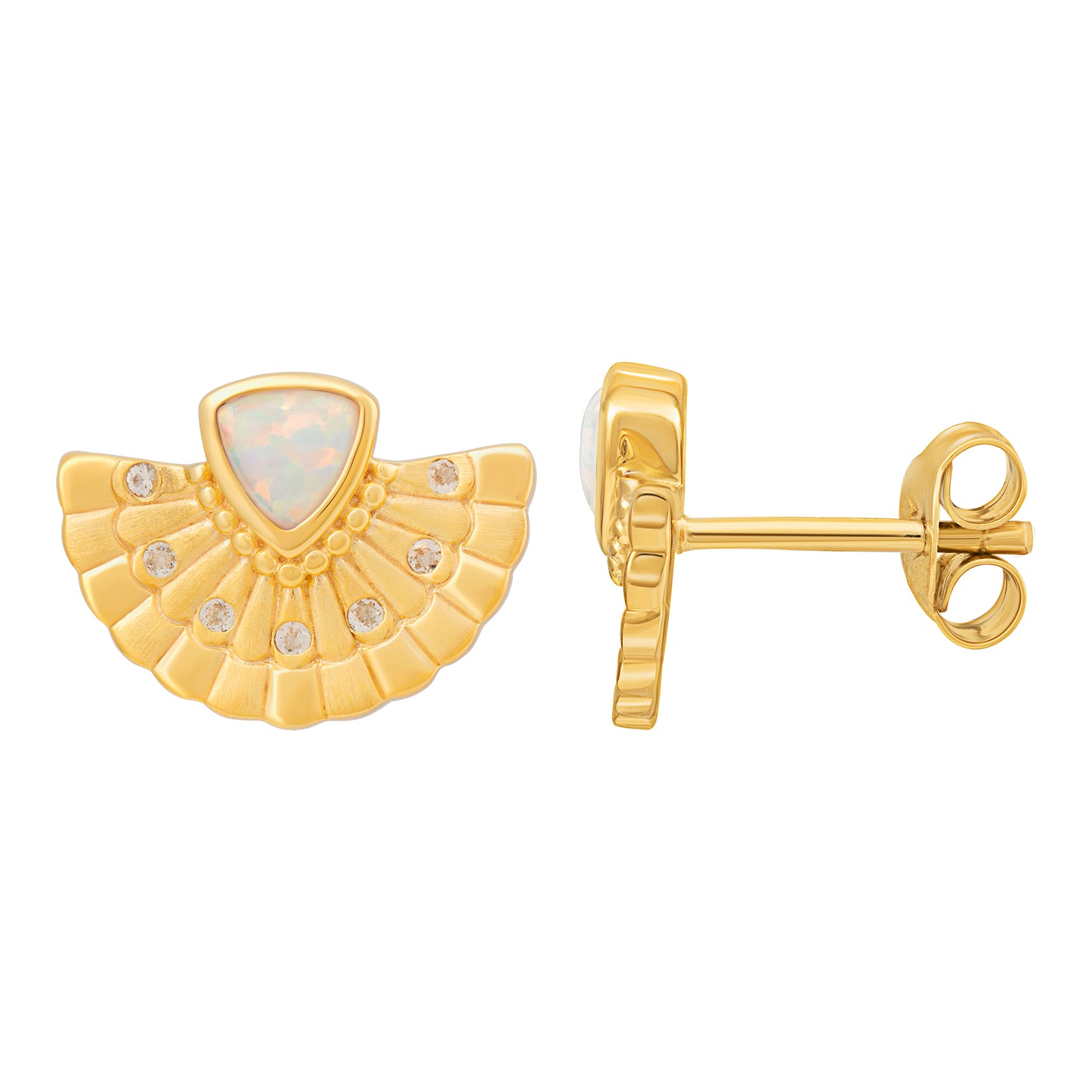 cai Ohrstecker 925 Silber vergoldet Boho Fächer mit synth. Opal & Weißtopas 925/- Sterling Silber vergoldet 1,5cm Opal