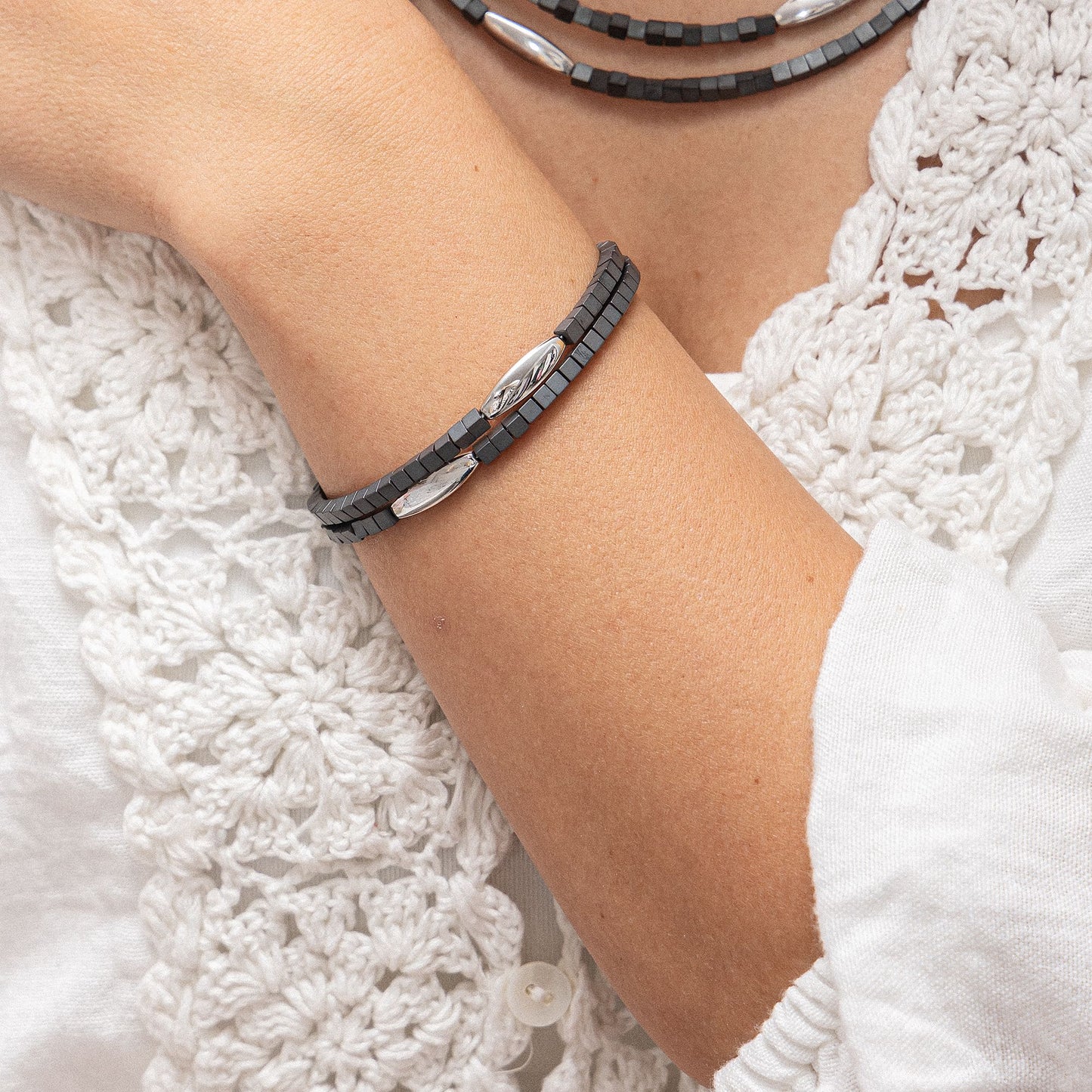 Armband Omegareif Edelstahl rhodiniert 20,5cm Hämatit