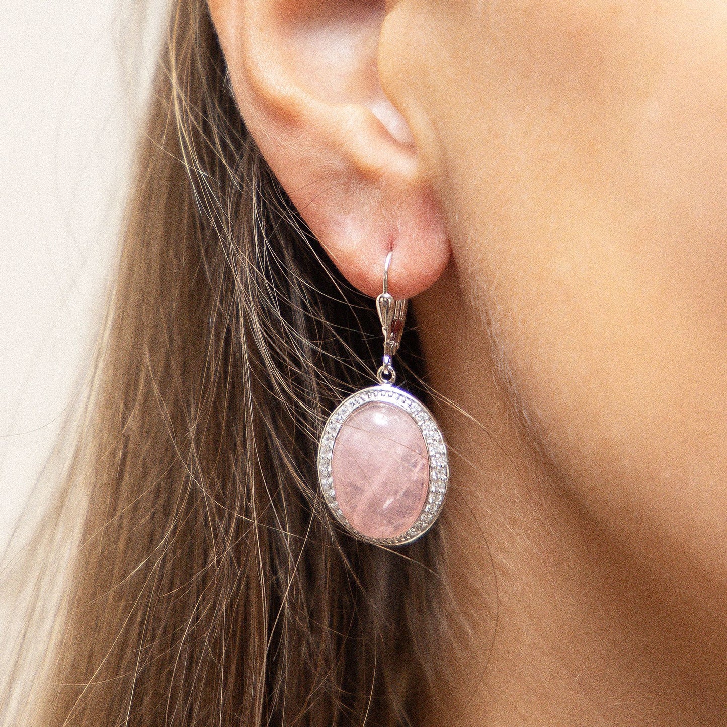 Ohrringe 925/- Sterling Silber rhodiniert 3,8cm Rosenquarz 16,0ct.