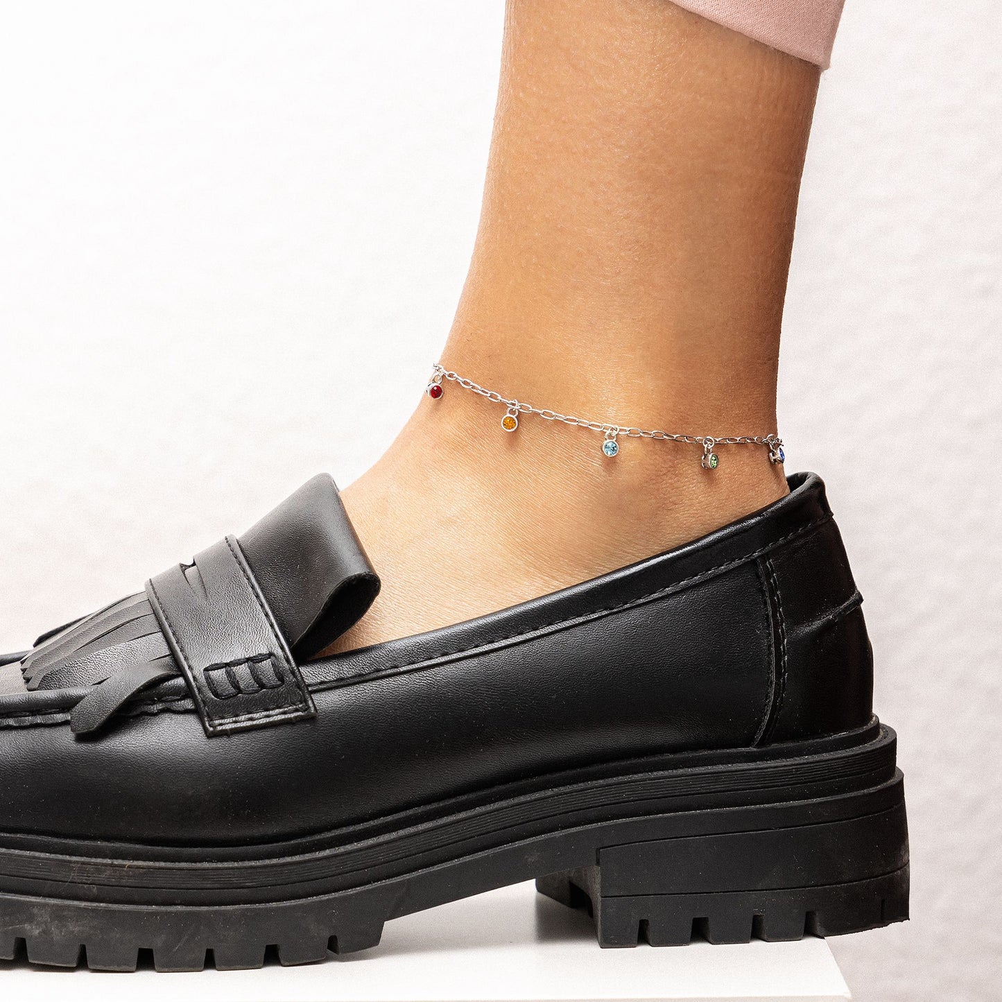 Fußkette Ankerkette 925/- Sterling Silber rhodiniert 28,0cm Kristall