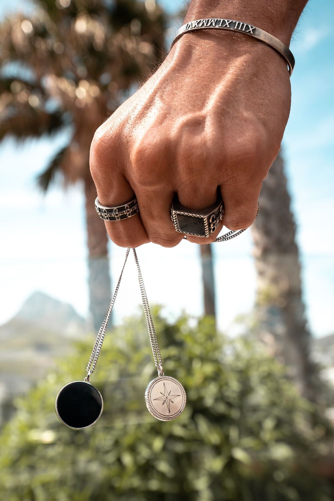 cai Anhänger mit Kette Flachpanzerkette 925/- Sterling Silber rhodiniert 55cm Onyx