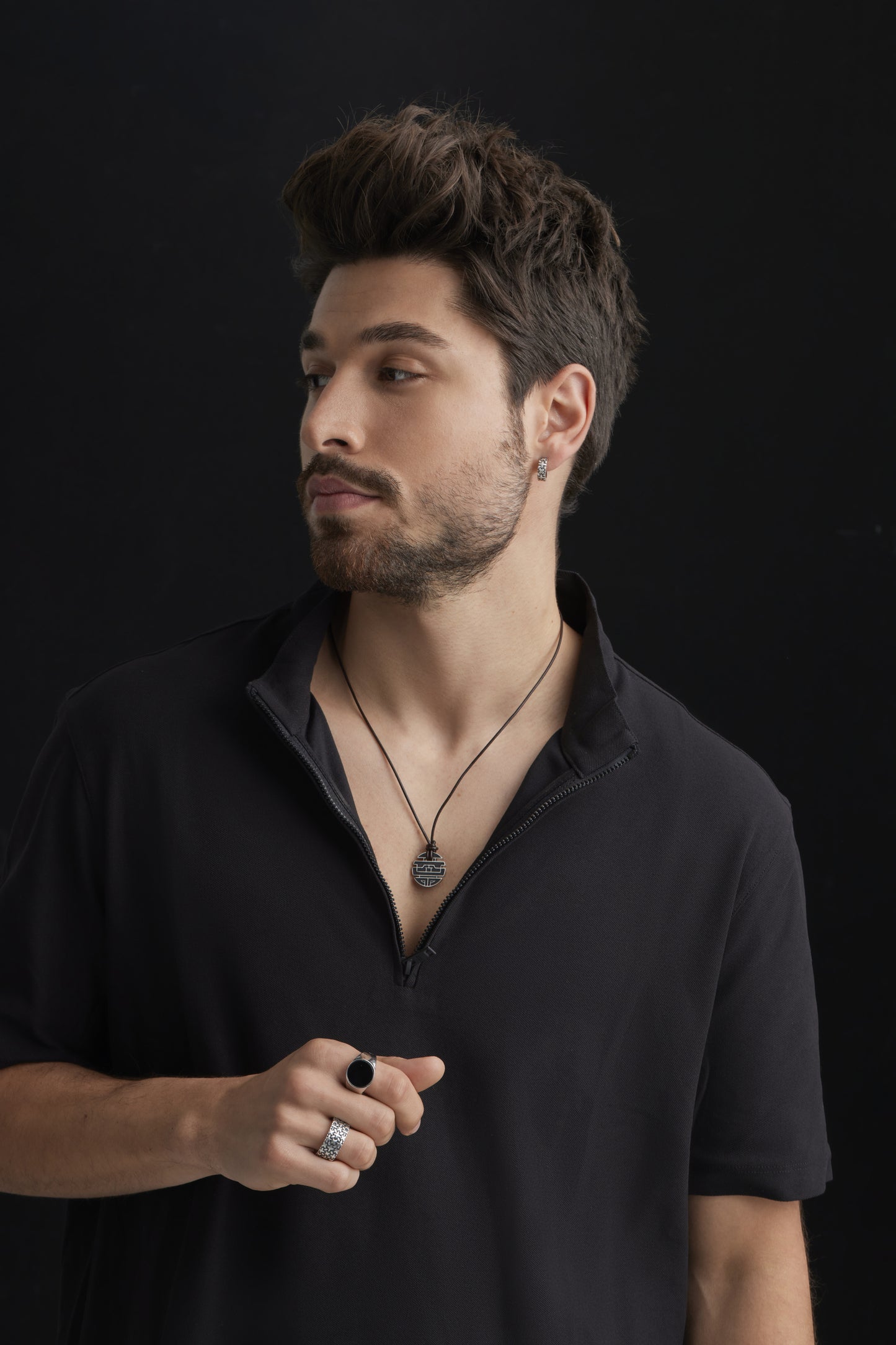 cai Anhänger mit Kette Lederband 925/- Sterling Silber oxidiert 55cm ohne Stein