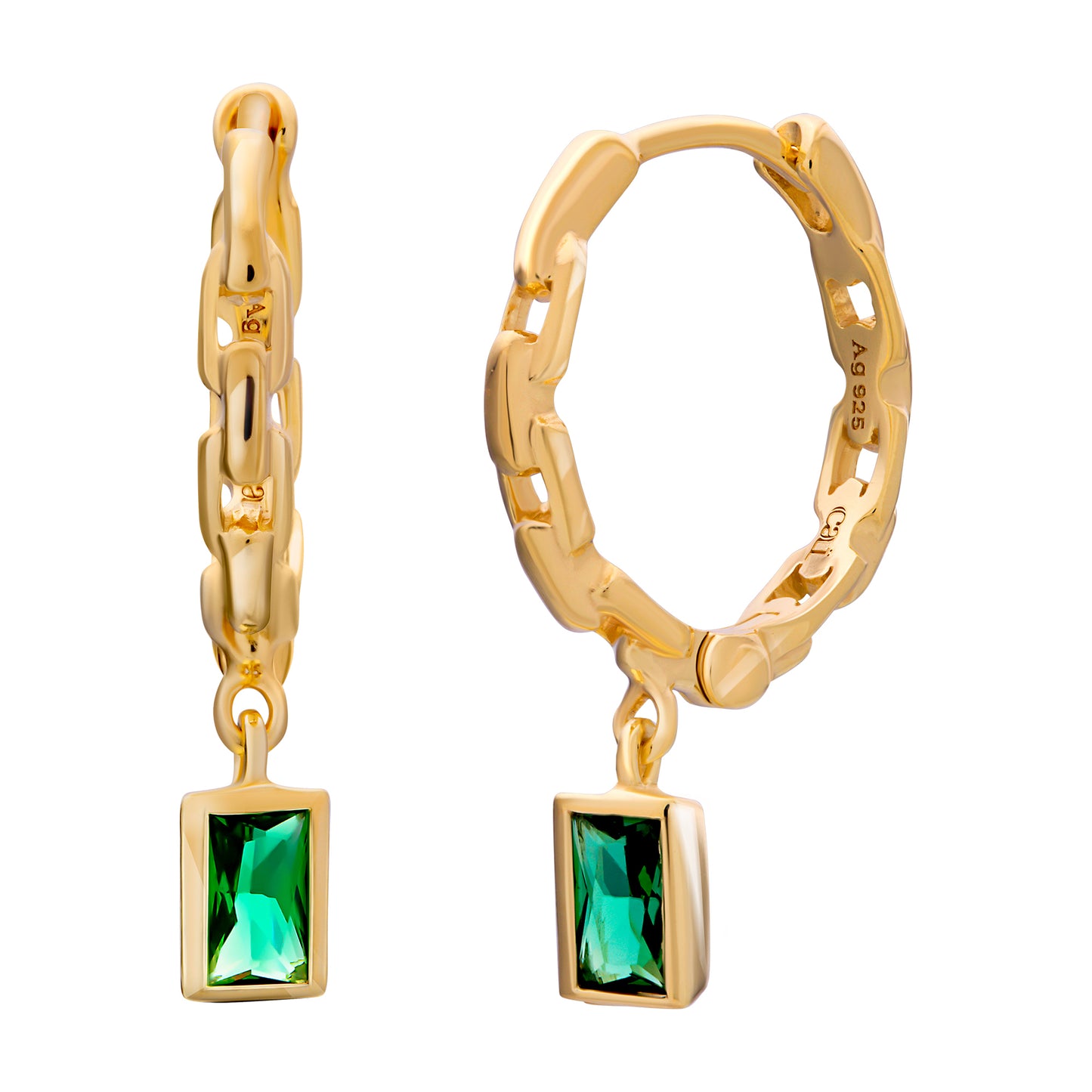 cai Creole 925 Sterling Silber vergoldet Kettendesign Baguette Anhänger grün 925/- Sterling Silber vergoldet 2,5cm Glasstein