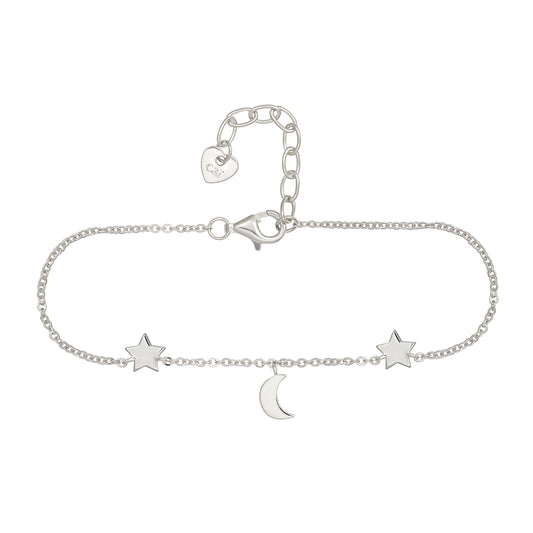 cai Armband 925 Sterling Silber rhodiniert Sterne Mond Flachpanzerkette 925/- Sterling Silber rhodiniert 19,0cm ohne Stein