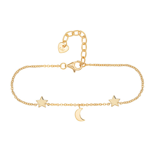 cai Armband 925 Sterling Silber rhodiniert Sterne Mond Flachpanzerkette 925/- Sterling Silber rhodiniert 19,0cm ohne Stein