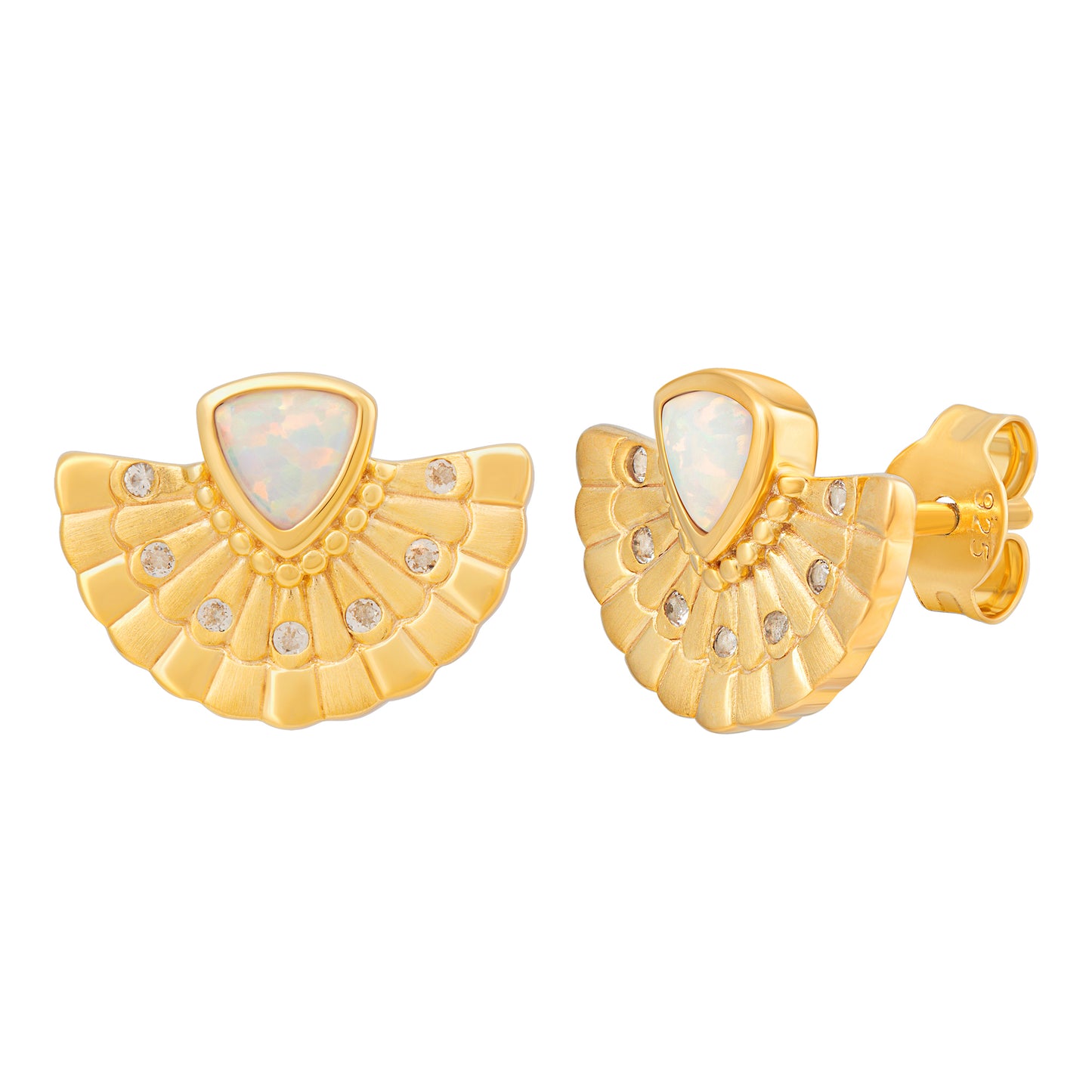 cai Ohrstecker 925 Silber vergoldet Boho Fächer mit synth. Opal & Weißtopas 925/- Sterling Silber vergoldet 1,5cm Opal