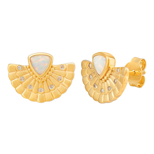 cai Ohrstecker 925 Silber vergoldet Boho Fächer mit synth. Opal & Weißtopas 925/- Sterling Silber vergoldet 1,5cm Opal