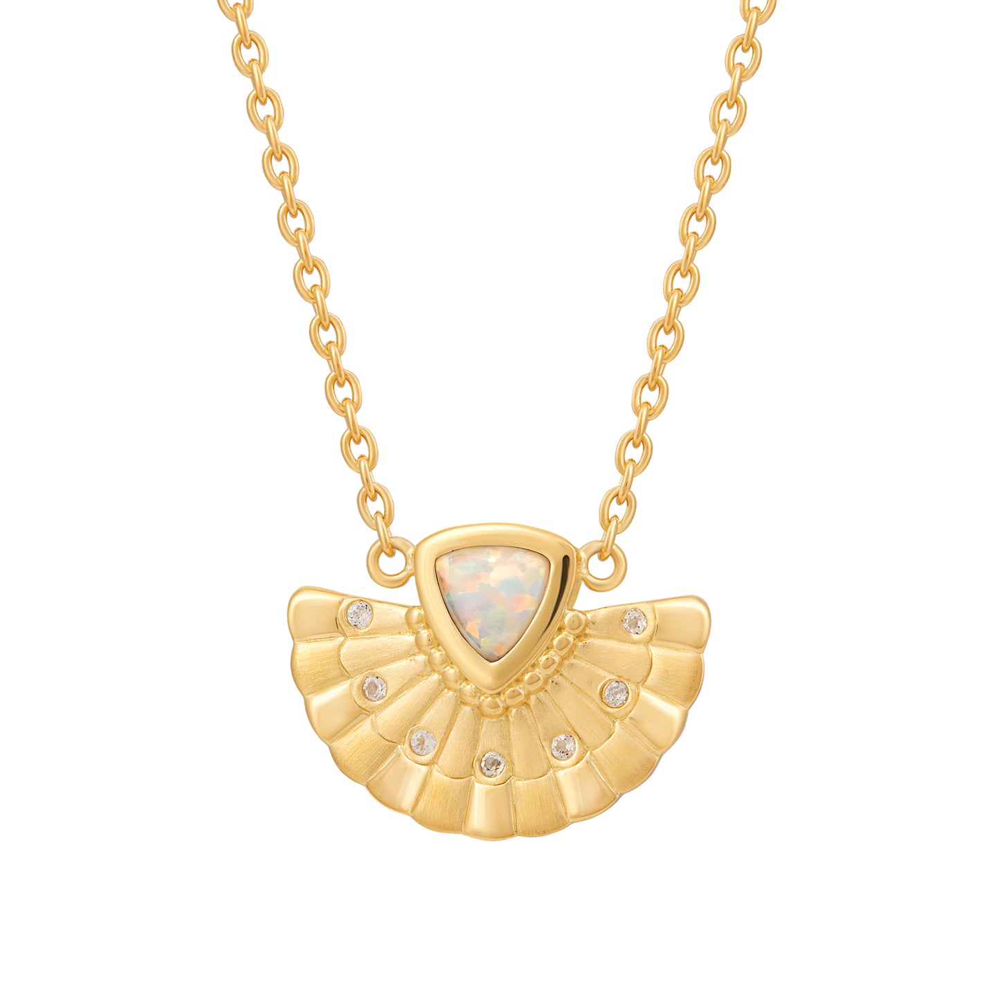 cai Collier 925 Silber vergoldet Boho Fächer Anhänger mit synth. Opal & Weißtopas Ankerkette 925/- Sterling Silber vergoldet 45,0cm Opal