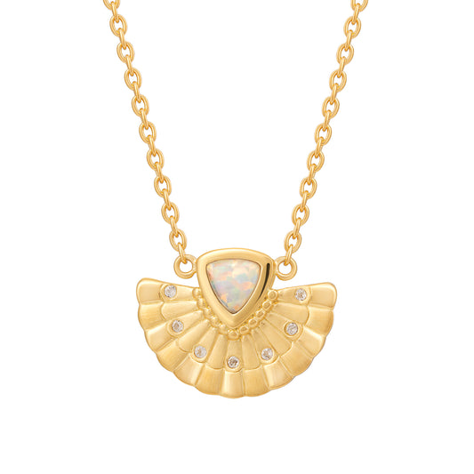 cai Collier 925 Silber vergoldet Boho Fächer Anhänger mit synth. Opal & Weißtopas Ankerkette 925/- Sterling Silber vergoldet 45,0cm Opal