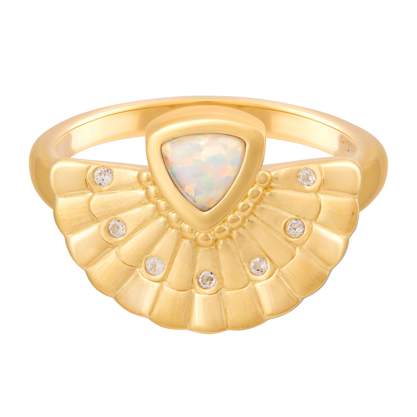 cai Ring 925 Silber vergoldet Boho Fächer mit synth. Opal & Weißtopas 925/- Sterling Silber vergoldet Opal