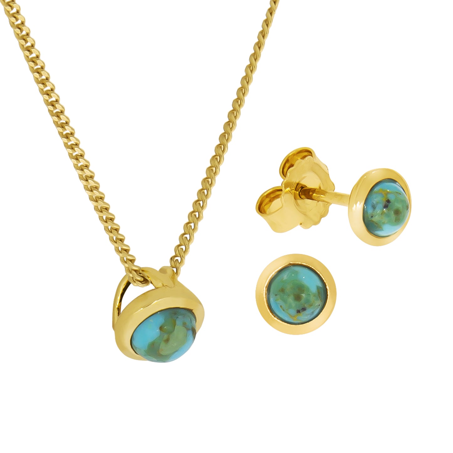 Set Anhänger, Kette + Ohrhänger Flachpanzerkette 925/- Sterling Silber vergoldet 45,0cm Türkis rek.