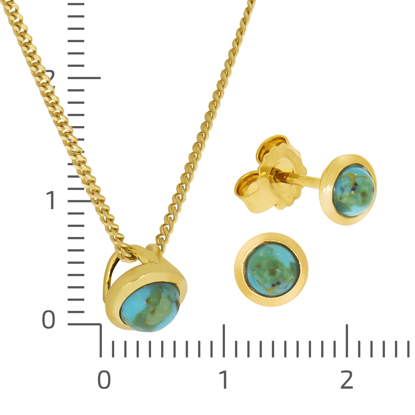 Set Anhänger, Kette + Ohrhänger Flachpanzerkette 925/- Sterling Silber vergoldet 45,0cm Türkis rek.