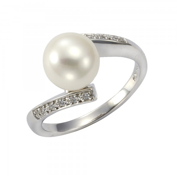 Ring 925/- Sterling Silber Perle weiß mit Zirkonia 925/- Sterling Silber rhodiniert Perle