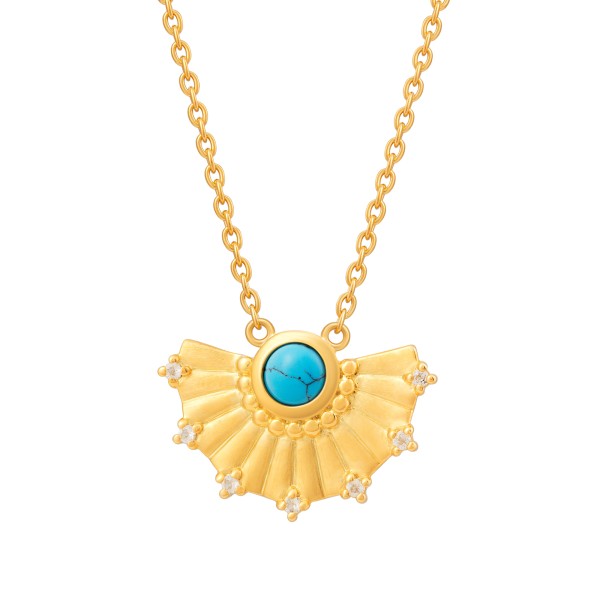 cai Collier 925 Silber vergoldet Fächer Anhänger mit Türkis & Weißtopas Ankerkette 925/- Sterling Si