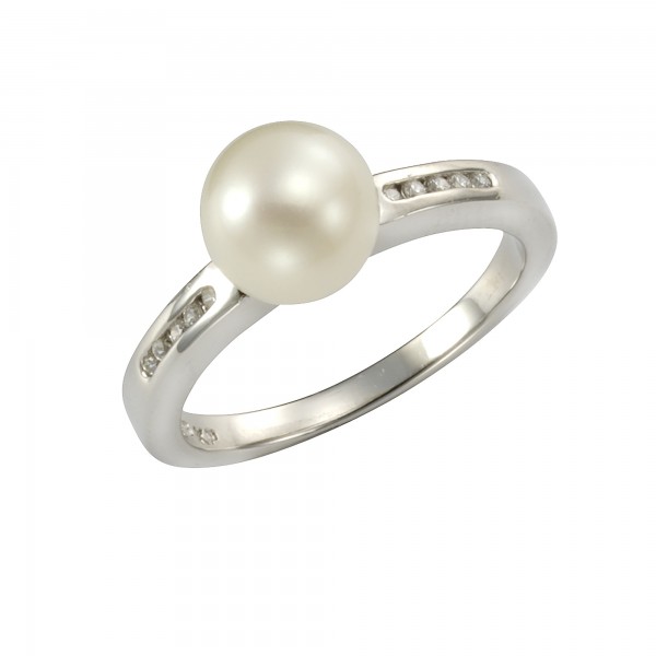 Ring 925/- Sterling Silber Perle weiß mit Zirkonia 925/- Sterling Silber rhodiniert Perle